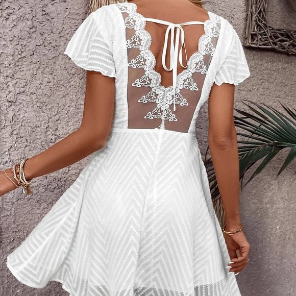. Dresses & Skirts - White Preppy Womens Contrast Lace Tie Backless Butterfly Sleeve Dress